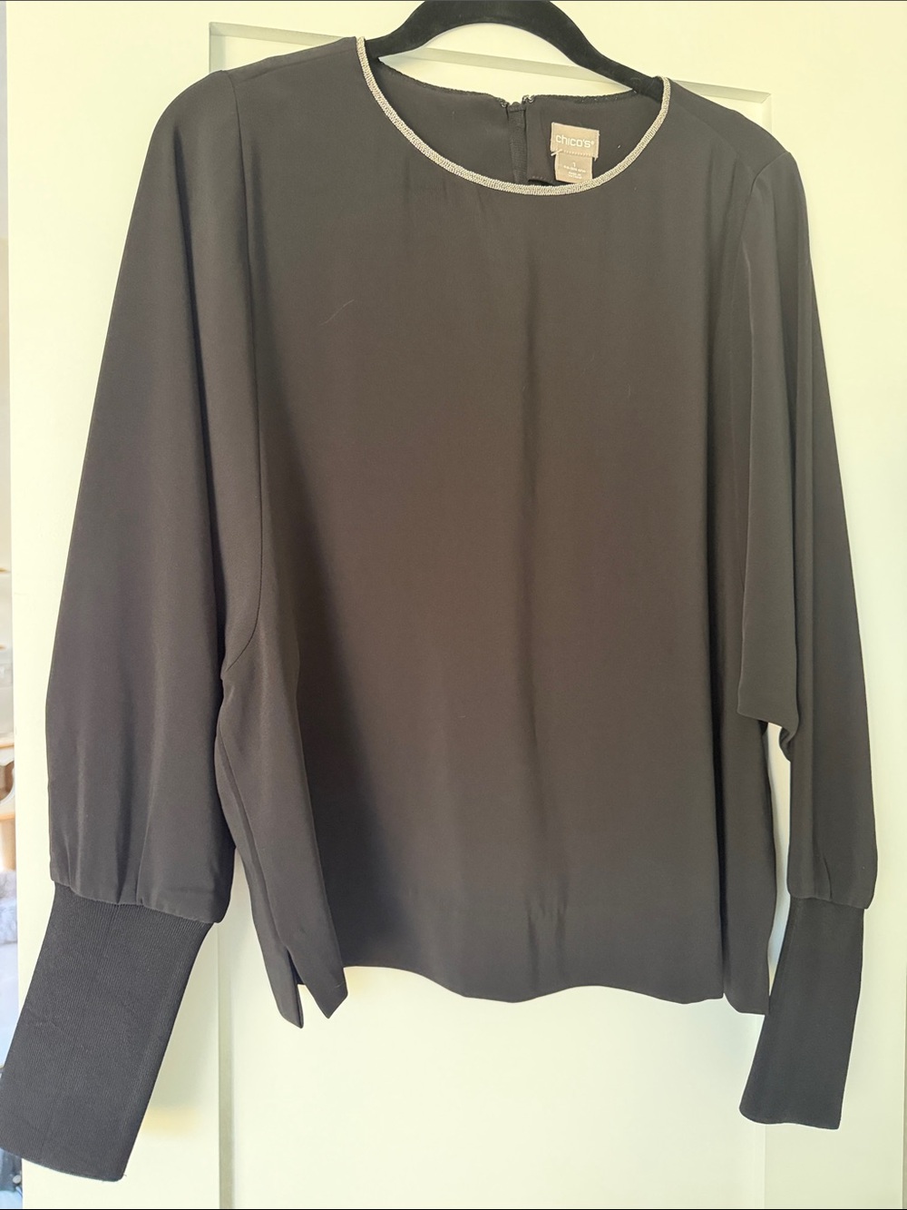Chico's Long-Sleeve Blouse with Metallic Neck Trim